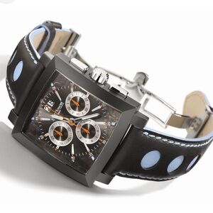 Saint Honore Black Square Chronograph Watch with Light Blue Accents